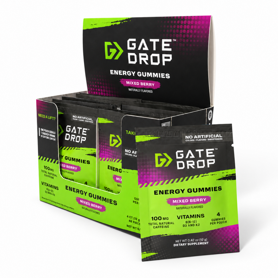 GateDrop Mixed Berry 12-pack display box with 4-count single-use energy gummy pouches.