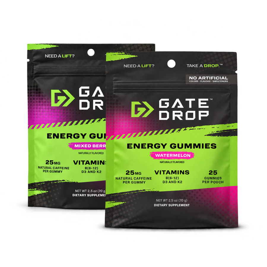 GateDrop 25-count resealable energy gummy pouches in Watermelon and Mixed Berry.