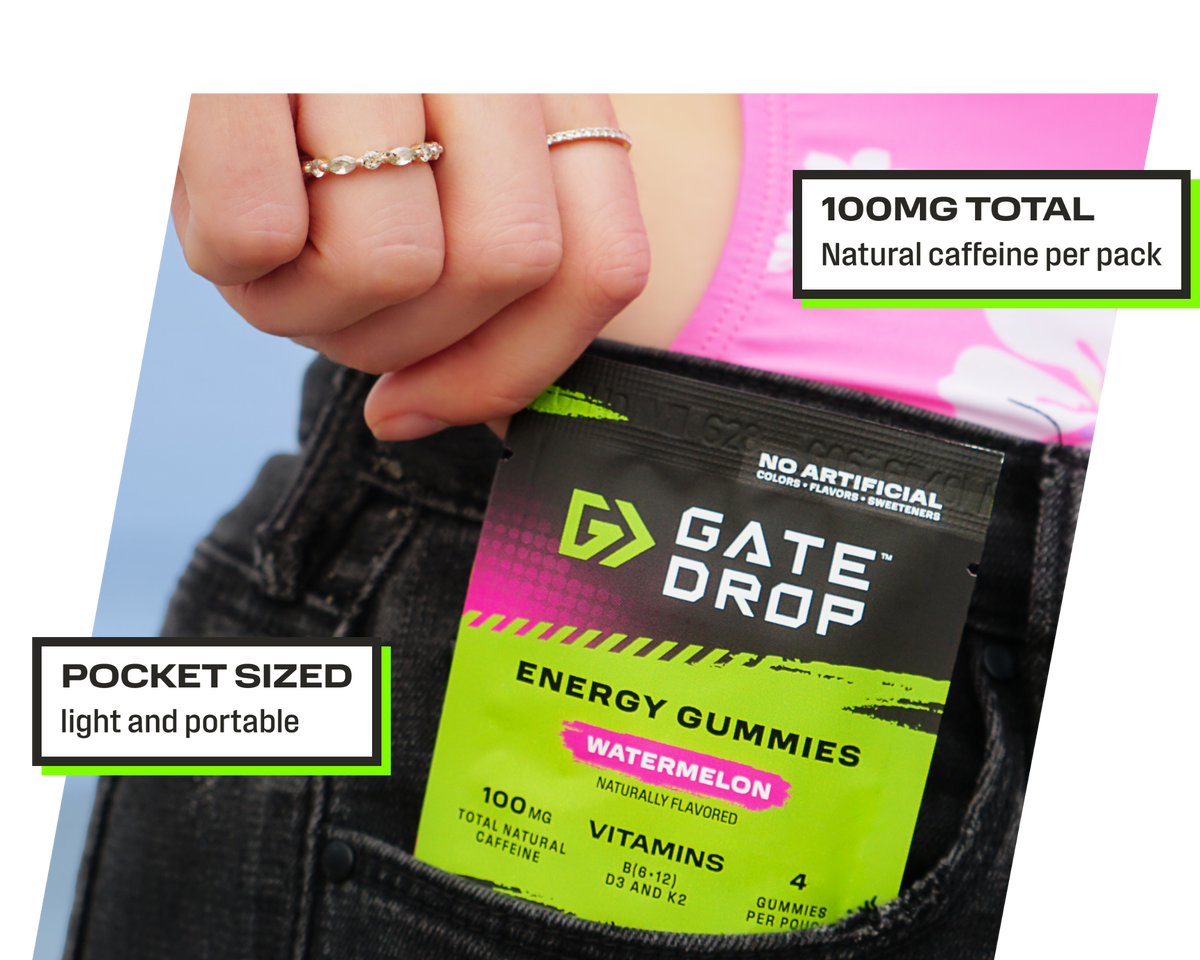 GateDrop Watermelon four-gummy pouch in a jeans pocket, with 100 mg total natural caffeine.
